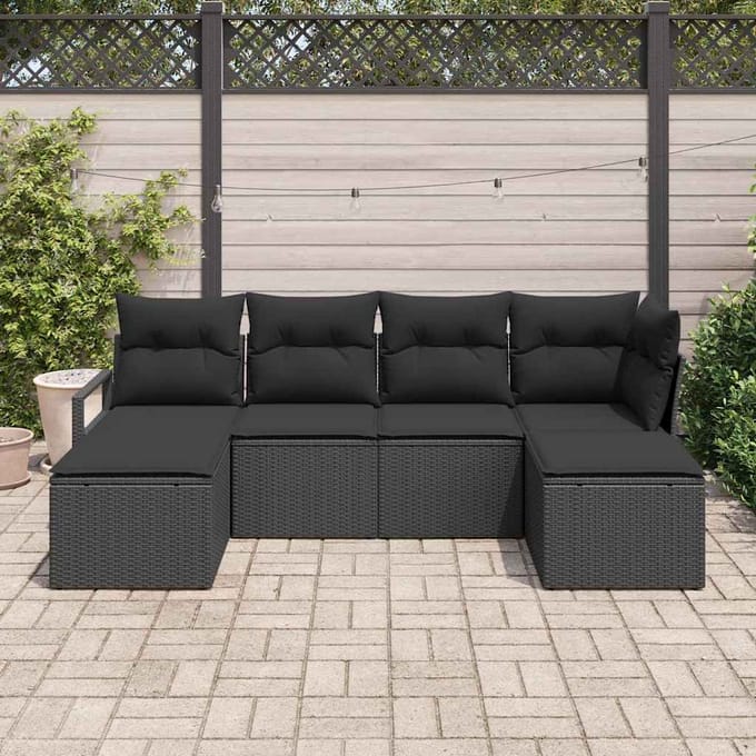 vidaXL Bankstel met kussen met opslag 6 pcs Zwart poly rattan