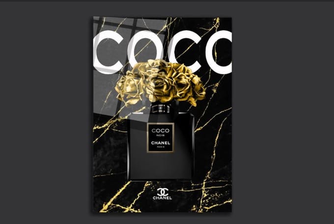 Coco chanel mademoiselle black mermer gold plexiglas schilderij 80x120cm