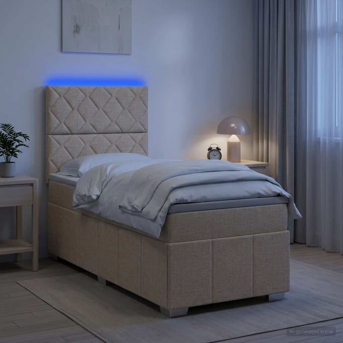 vidaXL - LED - Boxspringbed - met - Matras - Crèmekleurig - 100 - x - 200 - cm - Stof