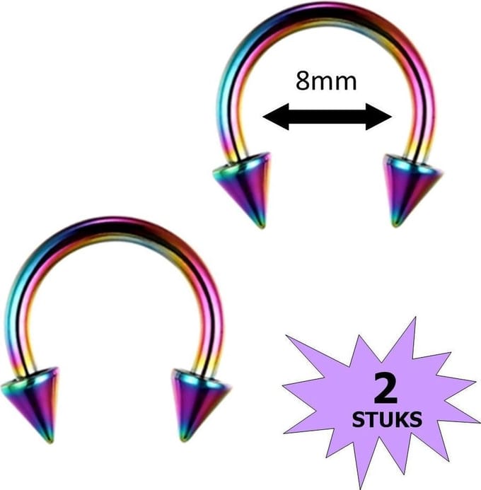 Fako Bijoux® - Circular Barbell Piercing - Hoefijzer Spike - 8mm - Multicolour - 2 Stuks