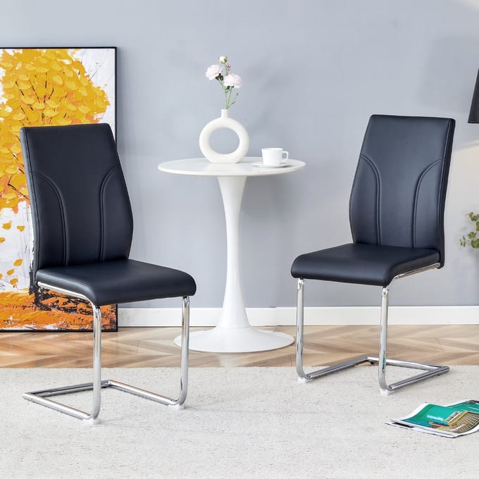 MODFU - Eetkamerstoelen - Hoge Rugleuning - Zwart Kunstleer - Metalen Onderstel - Set Van 2
