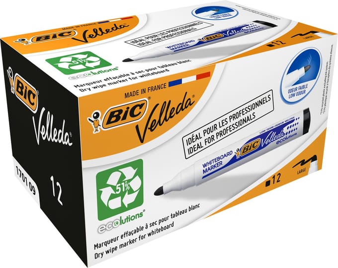 BIC Velleda 1701 ECOlutions Whiteboard Stiften Medium Kogelpunt - Zwart - Doos van 12 Stuks