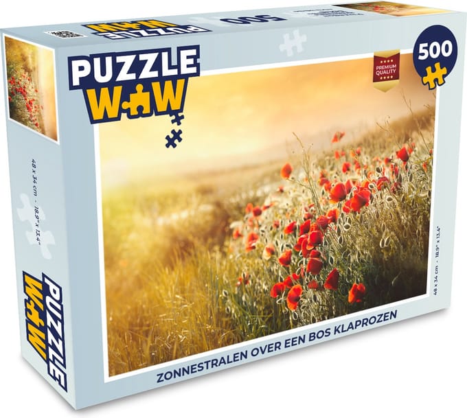 Puzzel Zonnestralen over een bos Klaprozen - Legpuzzel - Puzzel 500 stukjes