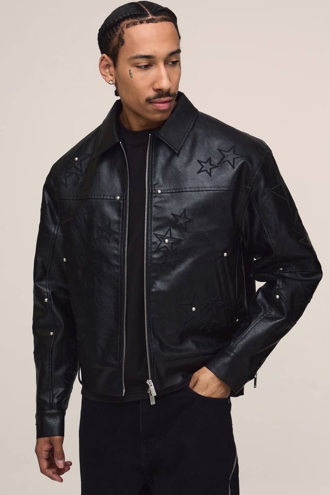 PU Star Applique Harrington Jacket | Black | Size Medium