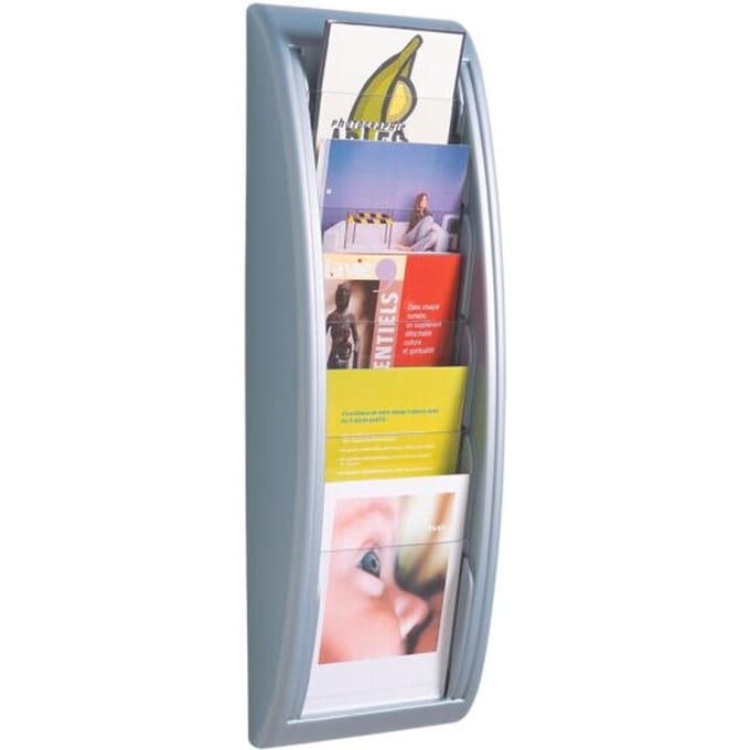 Paperflow Quickfit folderwandhouder, 5 vakken in DIN A5 formaat, B 228 x D 95 x H 650 mm, polystyreen, aluminiumkleurig