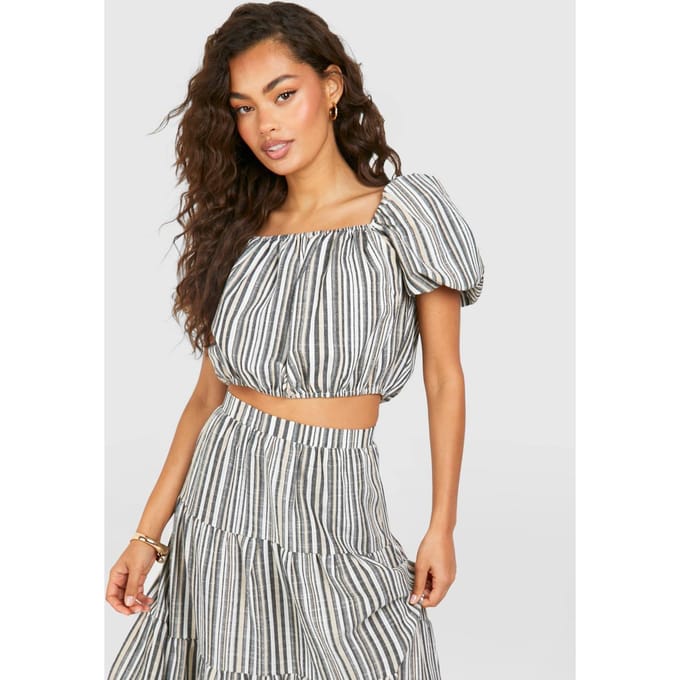 boohoo Dames Tonal Linnen Look Volume Mouw Bardot | Black | Maat: 6