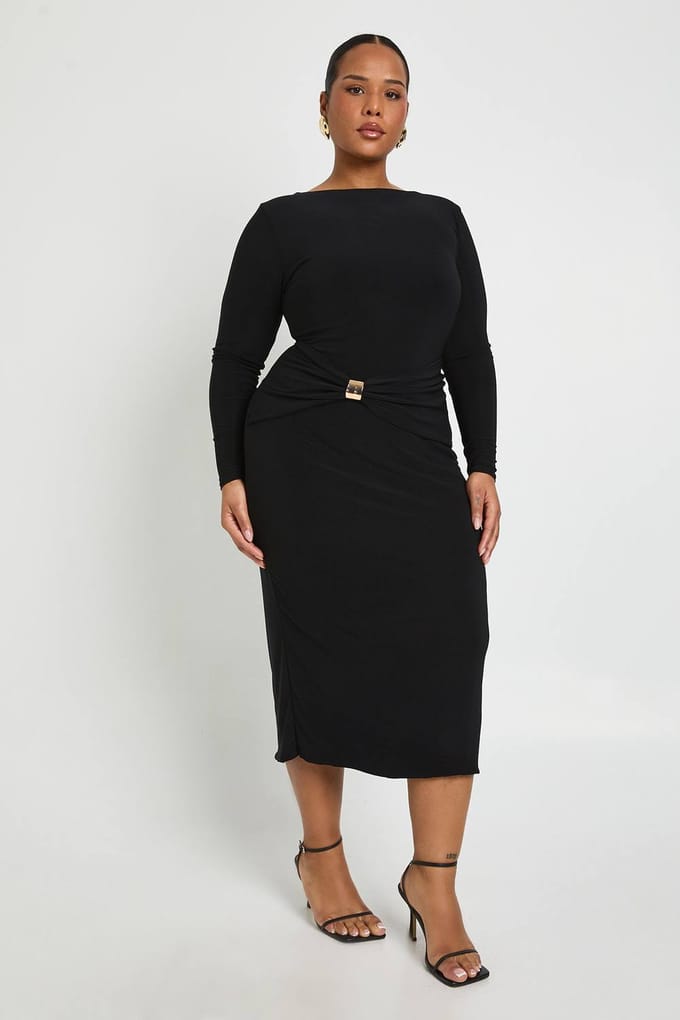 boohoo Dames Plus Geruimde Taille Gouden Afwerking Midaxi Jurk | Zwart | Maat: 44