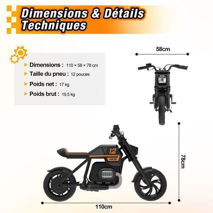 Moto Électrique Enfant - RCB - R9 - 200W - 25km/h - Lumières Ambiantes - Noir