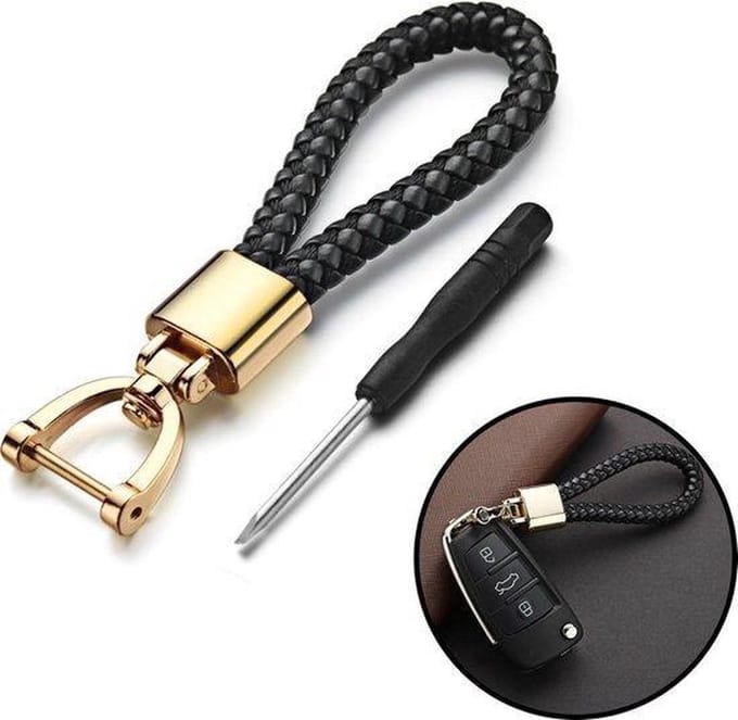 Go Go Gadget - Sleutelhanger Auto - Universeel - Goud RVS - Zwart Leer Geweven