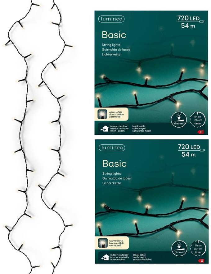 Lumineo Kerstverlichting - 2x - 720 leds -warm wit - 5400 cm - zwart snoer - timer en dimmer