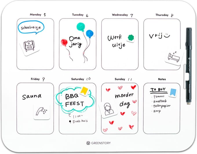 GreenStory - Week Planbord - Zelfklevend - Wit - M - met Sticky Pen