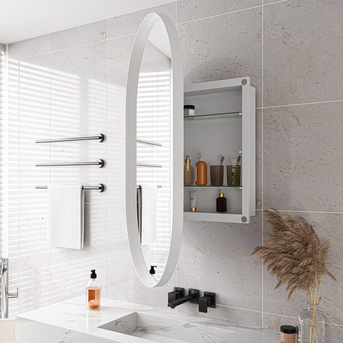MODFU Spiegelkast - Ovaal - Met Opbergruimte - Modern - Voor Badkamer - Metaal - Wit