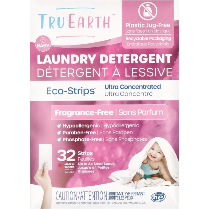 Tru Earth, Eco-Strips®, Wasmiddel, Zeer Geconcentreerd, Geurloos, Voor Baby's, 32 Strips pink