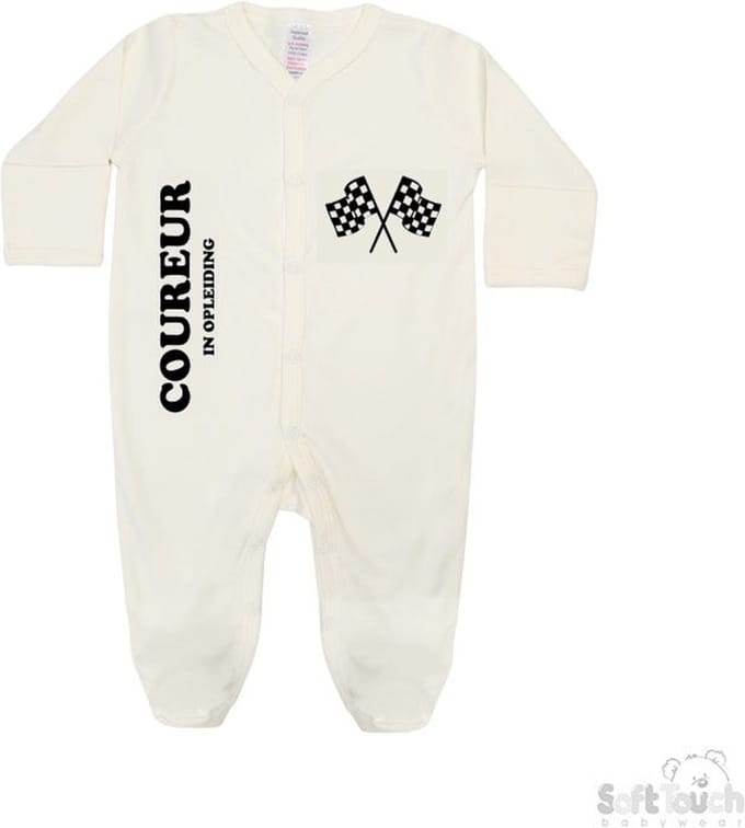 Soft Touch Boxpakje "Coureur in opleiding" Unisex Katoen Off white/zwart Maat 56/62