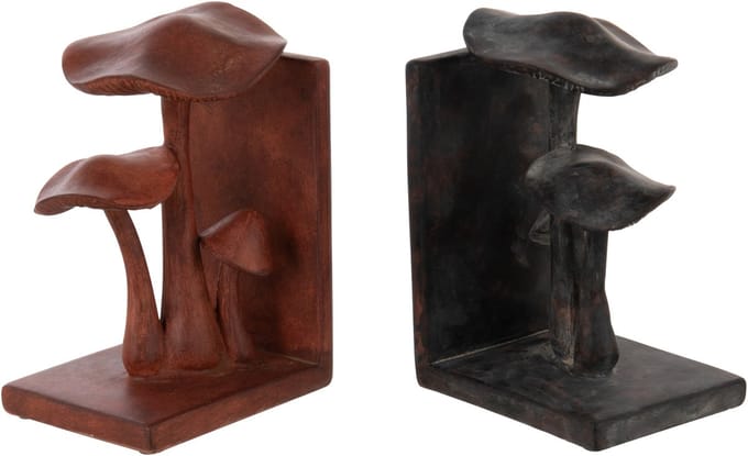 J-Line boekensteun Paddenstoel - polyresin - roestbruin/zwart - set van 2