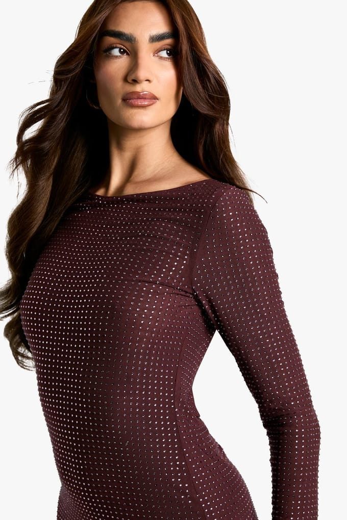 boohoo Dames Hot Fix Scoop Back Mini Jurk | Mauve | Maat: 36