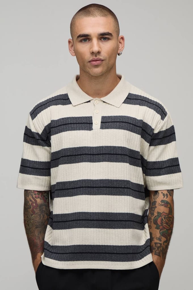Oversized Boxy Ribbed Striped Knitted Polo T-Shirt | Charcoal | Size Medium