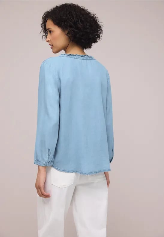 Blouse met 3/4 mouwen en gespleten hals in denimlook
