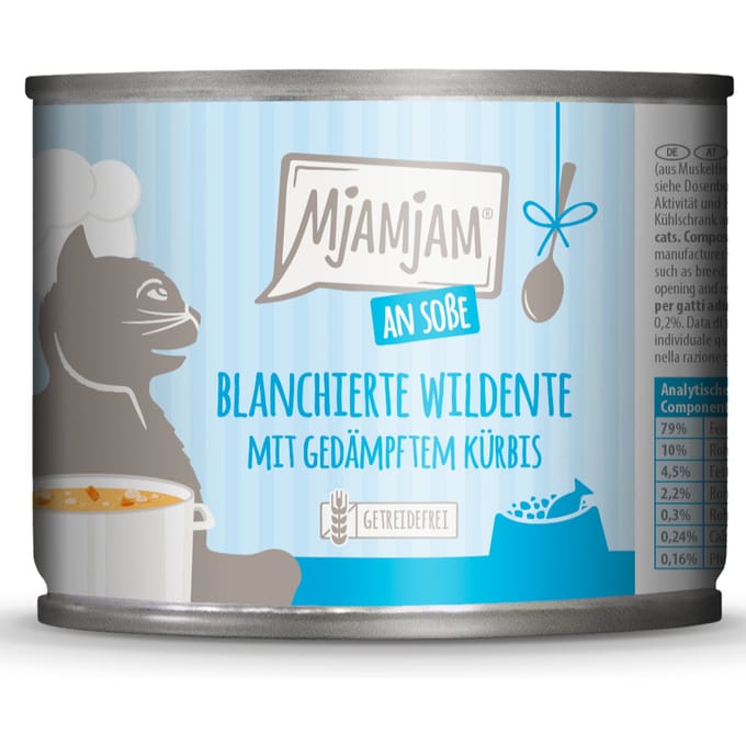 6x185g MjAMjAM op Saus geblancheerde wilde eend met gestoomde pompoen kattenvoer nat