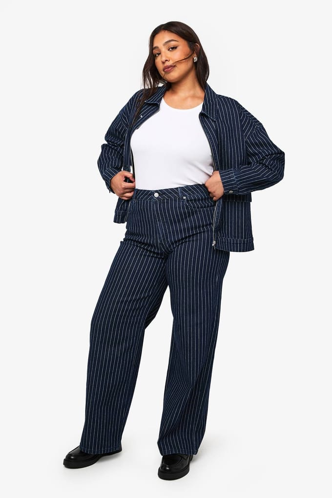 boohoo Dames Plus gestreepte jeans met wijde pijpen | Indigo | Maat: 46