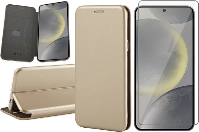 Hoesje geschikt voor Samsung Galaxy S24 Plus - Screenprotector Glas - Wallet Book Case Goud