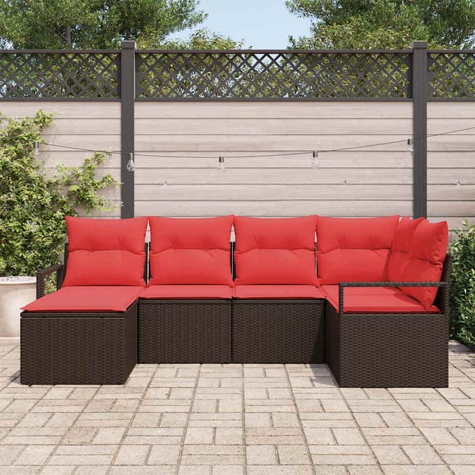 vidaXL - Bankstel - 6 - st - Bruin - en - Rood - poly - rattan