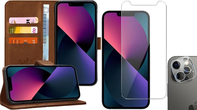 Hoesje geschikt voor iPhone 13 Pro - Book Case Kunstleer Wallet - Bruin - Met Screenprotector en Camera Screen Protector