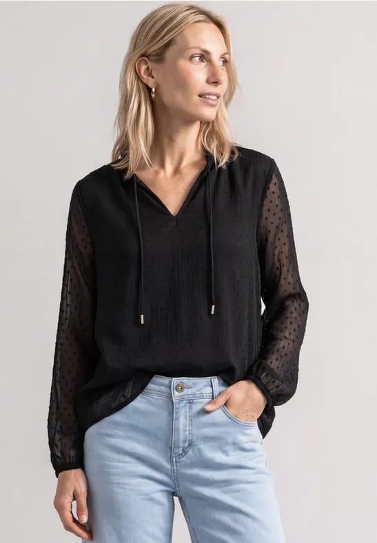 Chiffonblouse met split in de hals en bandjes