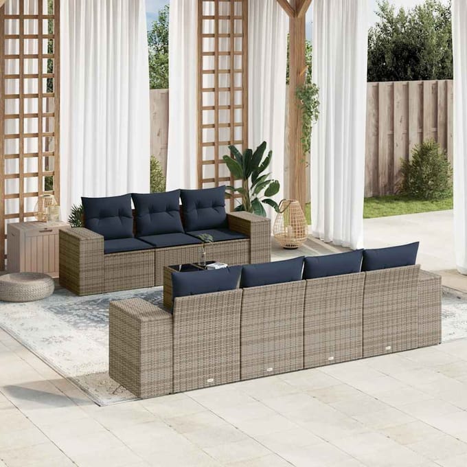 vidaXL - 8-delige - tuinbankset - met - kussens, - grijs - polyrotan