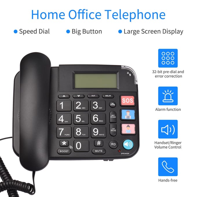 Zwarte vaste telefoon met grote knop Bureau Vaste telefoon Telefoonondersteuning zwart