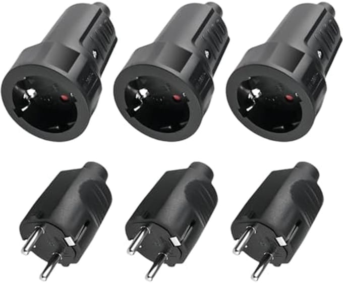 3x Schuko Stekker Koppeling - Geaarde Buitenstekker met Knikbescherming en IP44 Bescherming