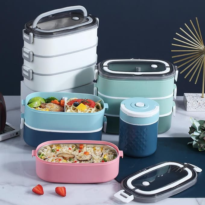 Meerlaagse lunchbox roestvrij staal verzegeld lekvrij magnetronverwarming handige handgreep lunch gray