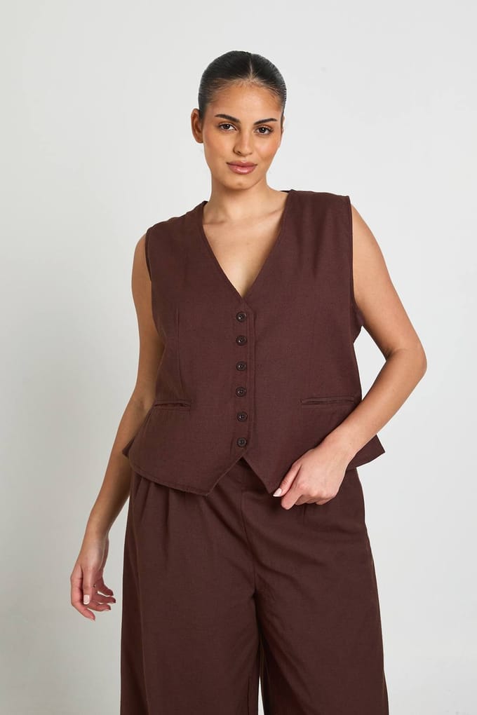 boohoo Dames Plus Linnen-look Gilet | Chocoladebruin | Maat: 48