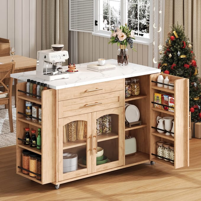 Mobiel Keukeneiland - Klapbaar Werkblad + 5 Rollen + Kruidenrek & Besteklade - 120×45(70)×90 cm - MDF - Wit