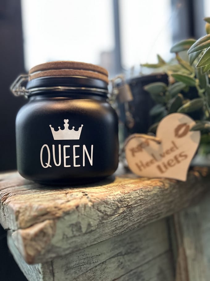 Creaties van Hier - Luxe Spaarpot met houten hartje - Queen - Glas