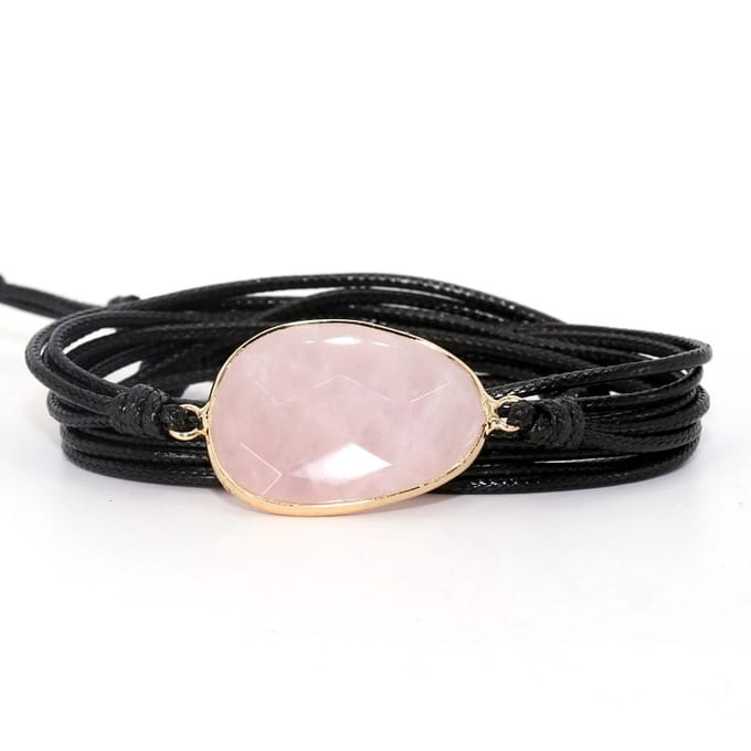 Marama - wikkelarmband Rozenkwarts zwart waxcord - vegan - 80 cm.