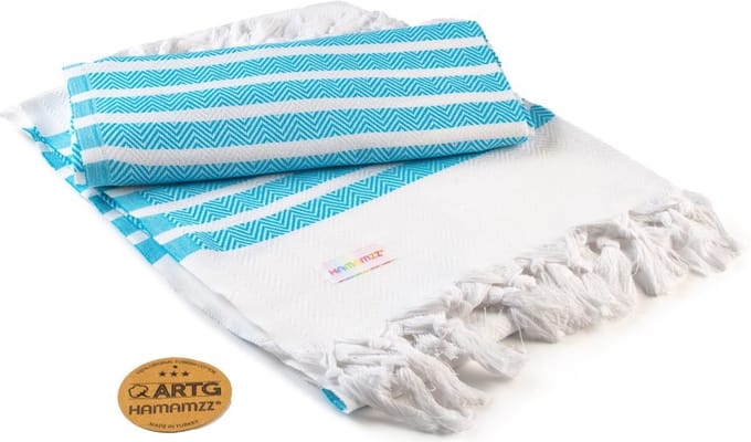 ARTG® Hamamzz - Hamamdoek - Original Dalaman De Luxe - White/Aqua Blue - 100 x 180 cm - AR053