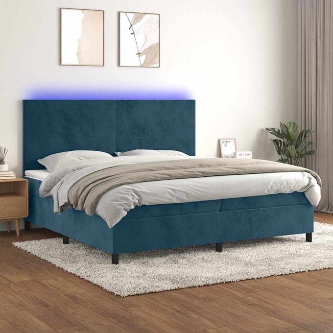 vidaXL - Boxspring - met - matras - en - LED - fluweel - donkerblauw - 200x200 - cm