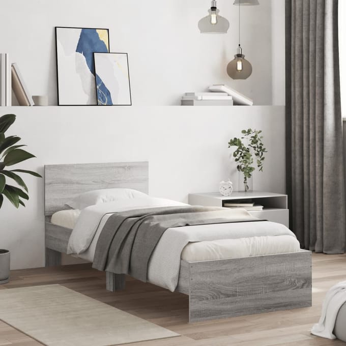 vidaXL - Bedframe - met - hoofdbord - bewerkt - hout - grijs - sonoma - 75x190 - cm