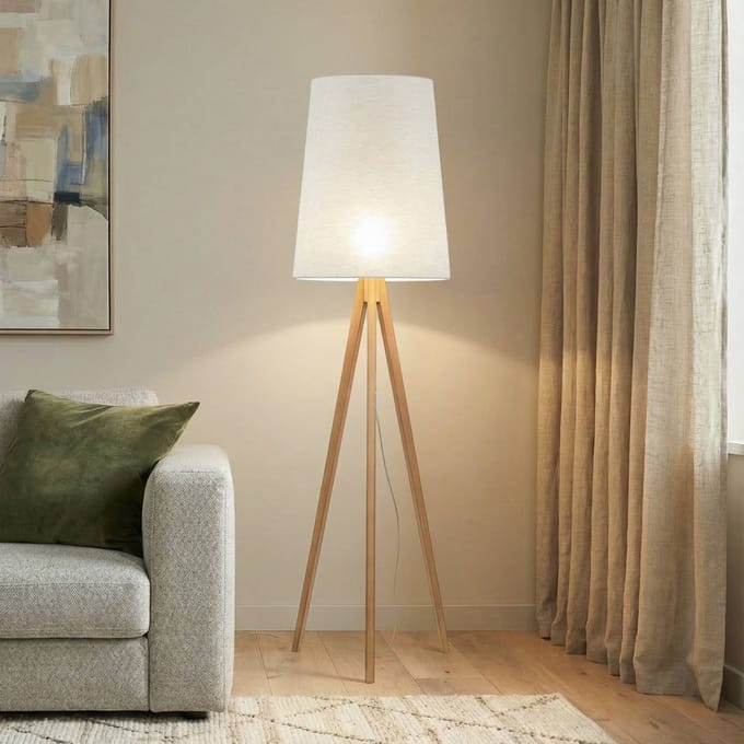 TK Lighting Vloerlamp Walz, crème, hout, hoogte 175 cm, E27