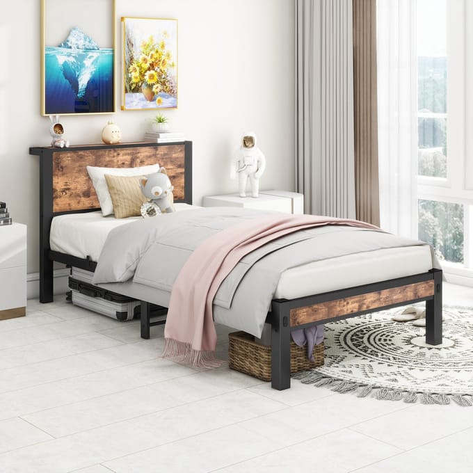 MODFU Bedframe 90x200 cm – Met 27 cm opbergruimte – Antique brown houtlook – Van MDF en metaal – Incl. lattenbodem
