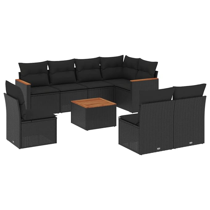 vidaXL - 9-delige - Loungeset - met - kussens - poly - rattan - zwart