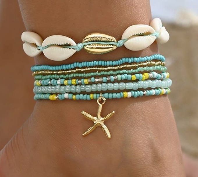 enkelbandjes set - kralen - aqua - 6 stuks - schelpen