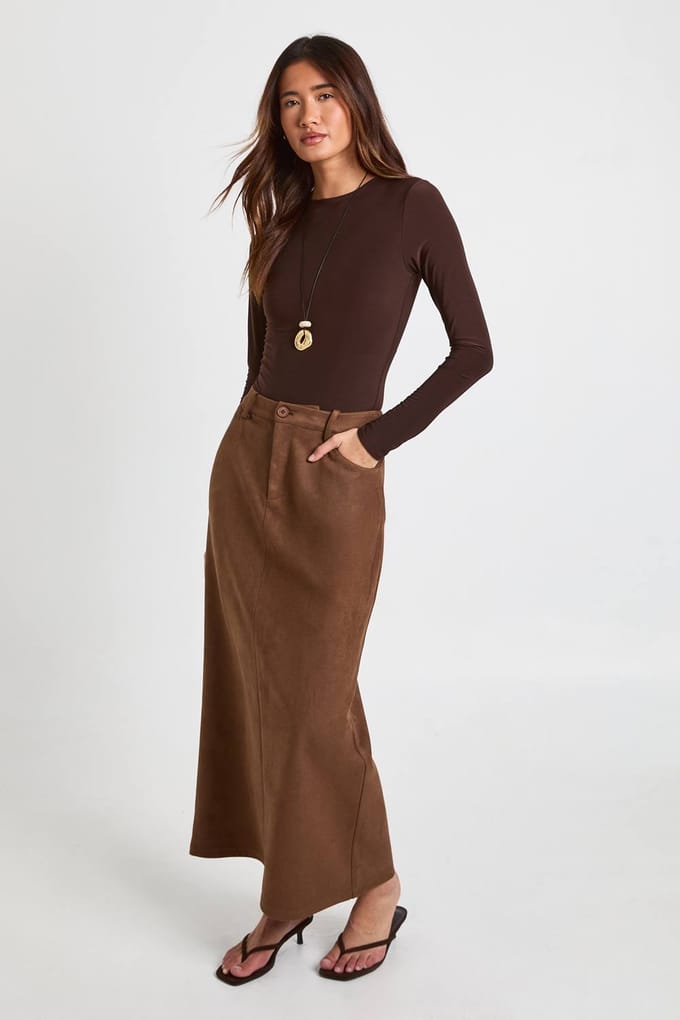 boohoo Dames Faux Suede Maxi Rok | Chocolate | Maat: 8