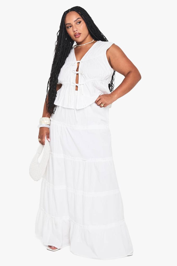 boohoo Dames Plus Katoenen Vest met Strik Vooraan | White | Maat: 26
