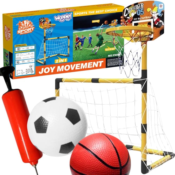 Woopie 2-in-1 basketbalset: voetbaldoel + ballen en pomp