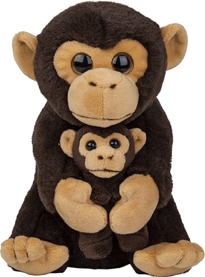 Nature Planet Knuffeldier Chimpansee - pluche apen mama met kind - knuffels - 22 cm - bosdieren