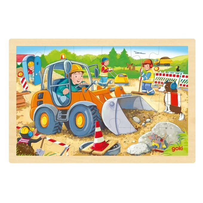 GOKI Puzzel - Wegenwerken - 24 Stukjes - 30X20X0,8Cm - Hout - 3 Jaar