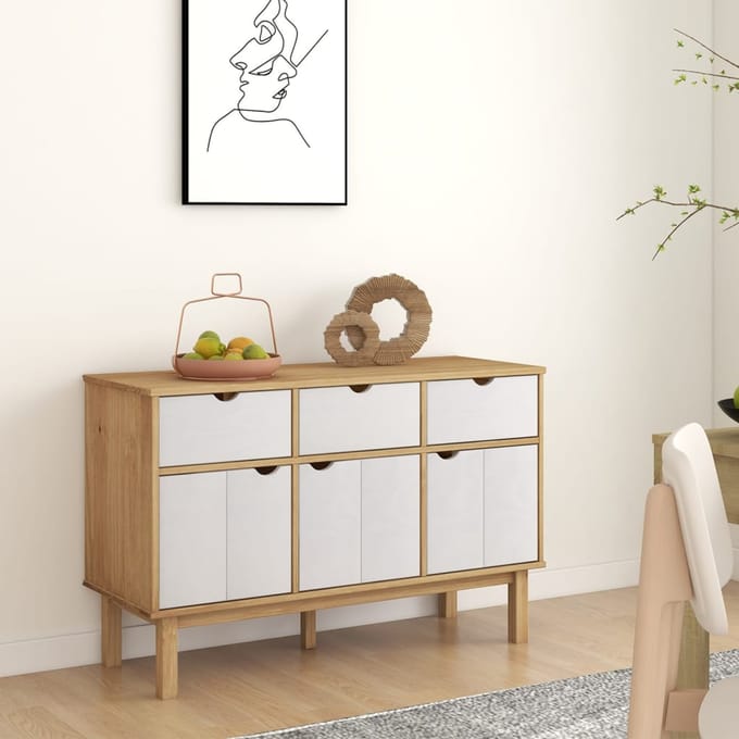vidaXL - Dressoir - OTTA - 114x43x73,5 - cm - massief - grenenhout - bruin - en - wit