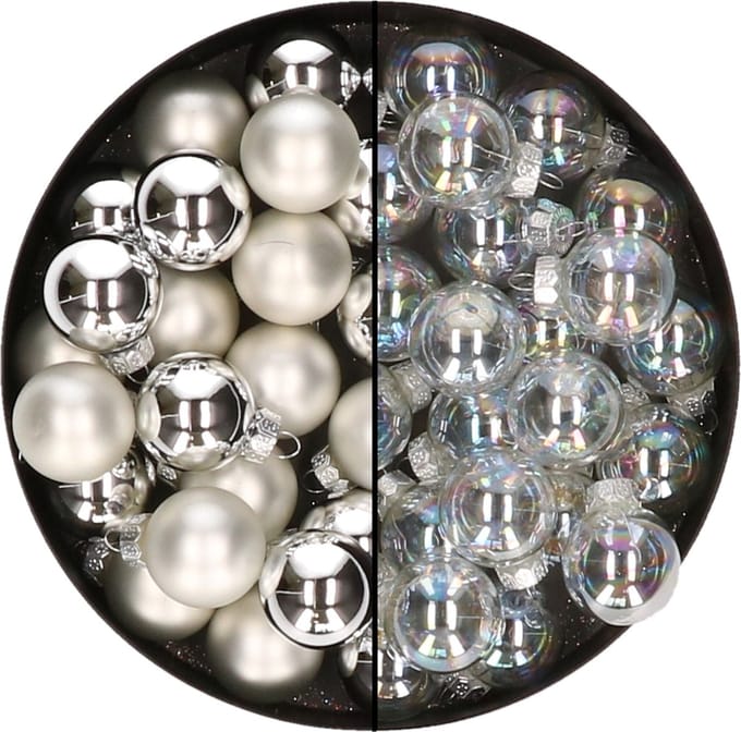 Mini kerstballen - 48x- zilver en transparant parelmoer - 2,5 cm - glas - kerstversiering
